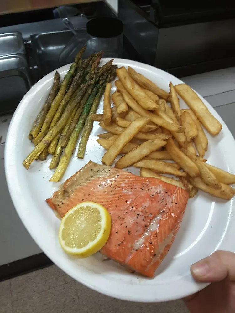 Salmon Steak with Asparagus and Beer Battered Fries